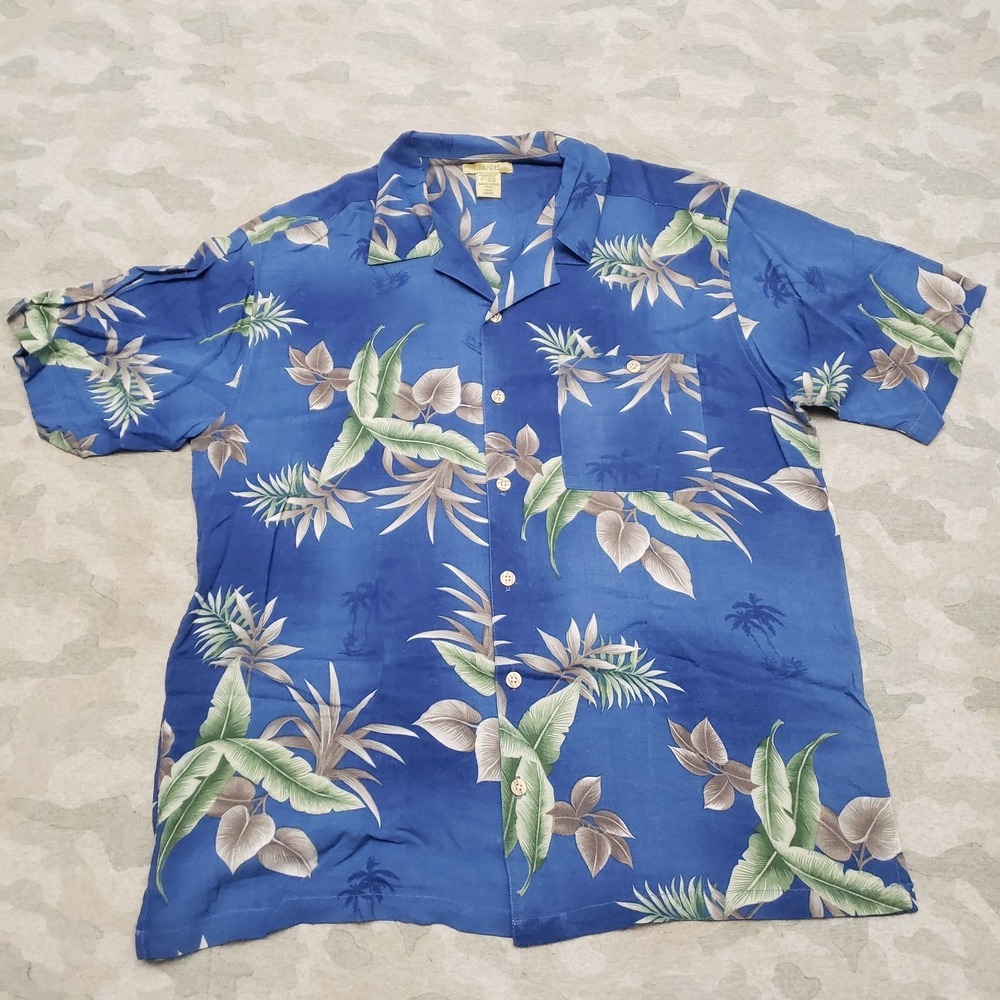 Islander Shirt Hawaiian Mens Large Blue Short Sleeve Button-Up Leaf Vacation